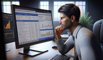 Un consultor de SEO analizando el rendimiento de una página web en un ordenador